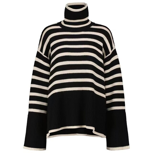 Women - Striped Turtleneck Jumper - Cozy Knit Fabric - Stylish Layering Essential