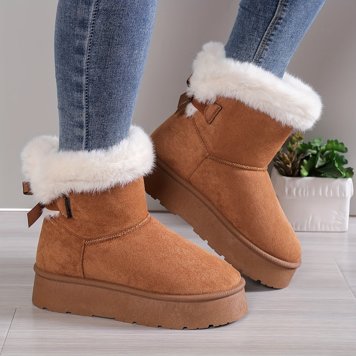 Stylish, thermo-lined plush boots with bow knot