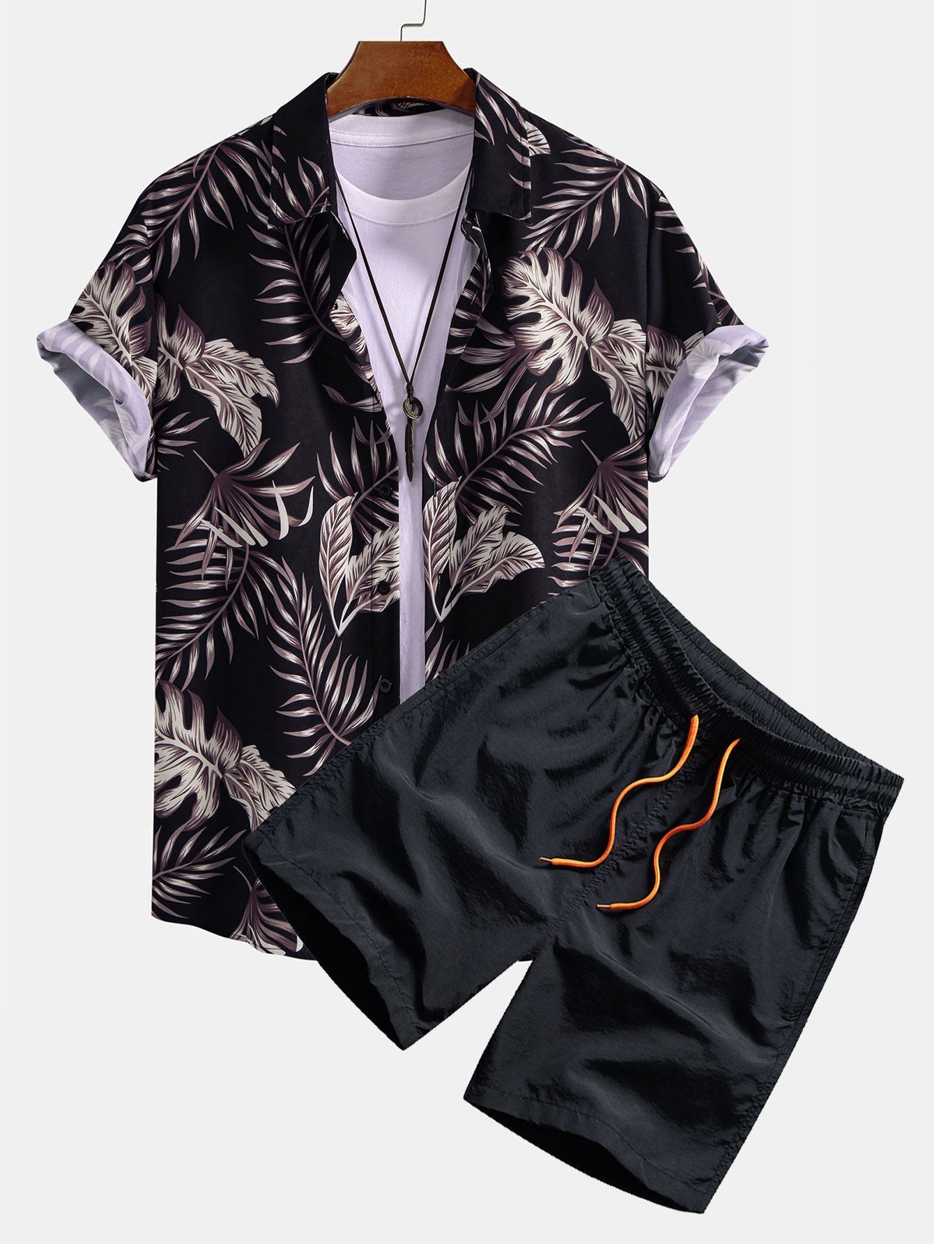 Leaf Print Button Up Shirt & Swim Shorts