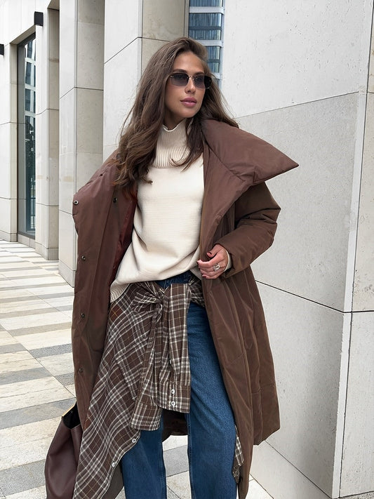 Women - Long Winter Coat - Warm Fabric with Waist Belt - Stylish Outerwear for Cold Weather