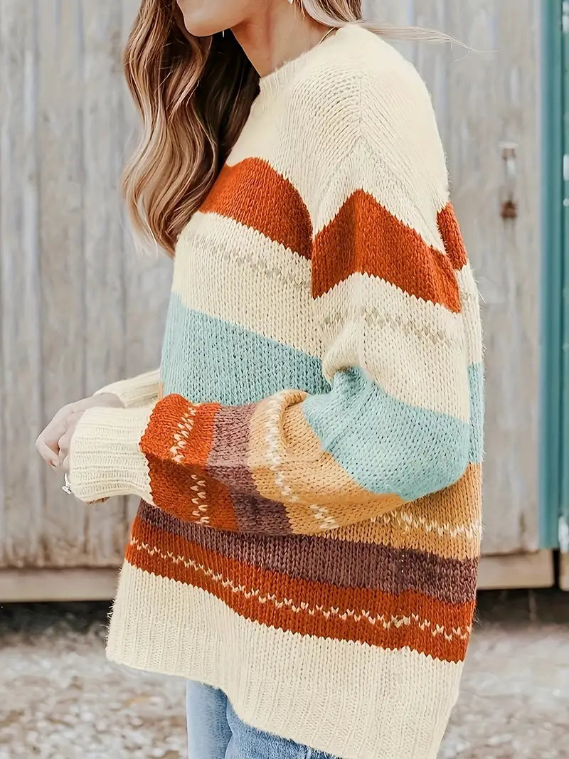 Knitted, striped jumper with round neckline