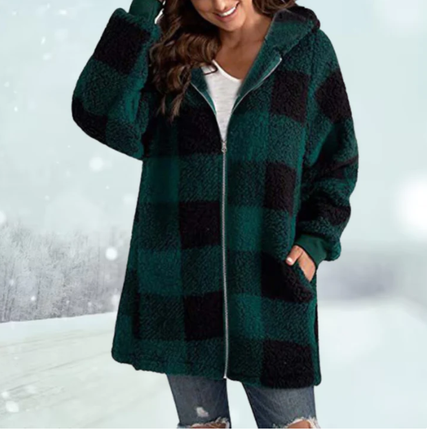 Women's Hooded Checked Jacket - Cozy & Stylish Winter Outerwear - Warm Essential for Cold Seasons