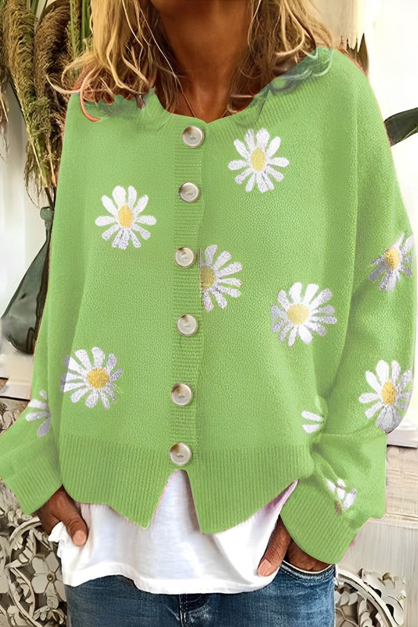 Women - Knitted Jumper - Cozy Floral Pattern with Button Details - Stylish Comfortable Knitwear