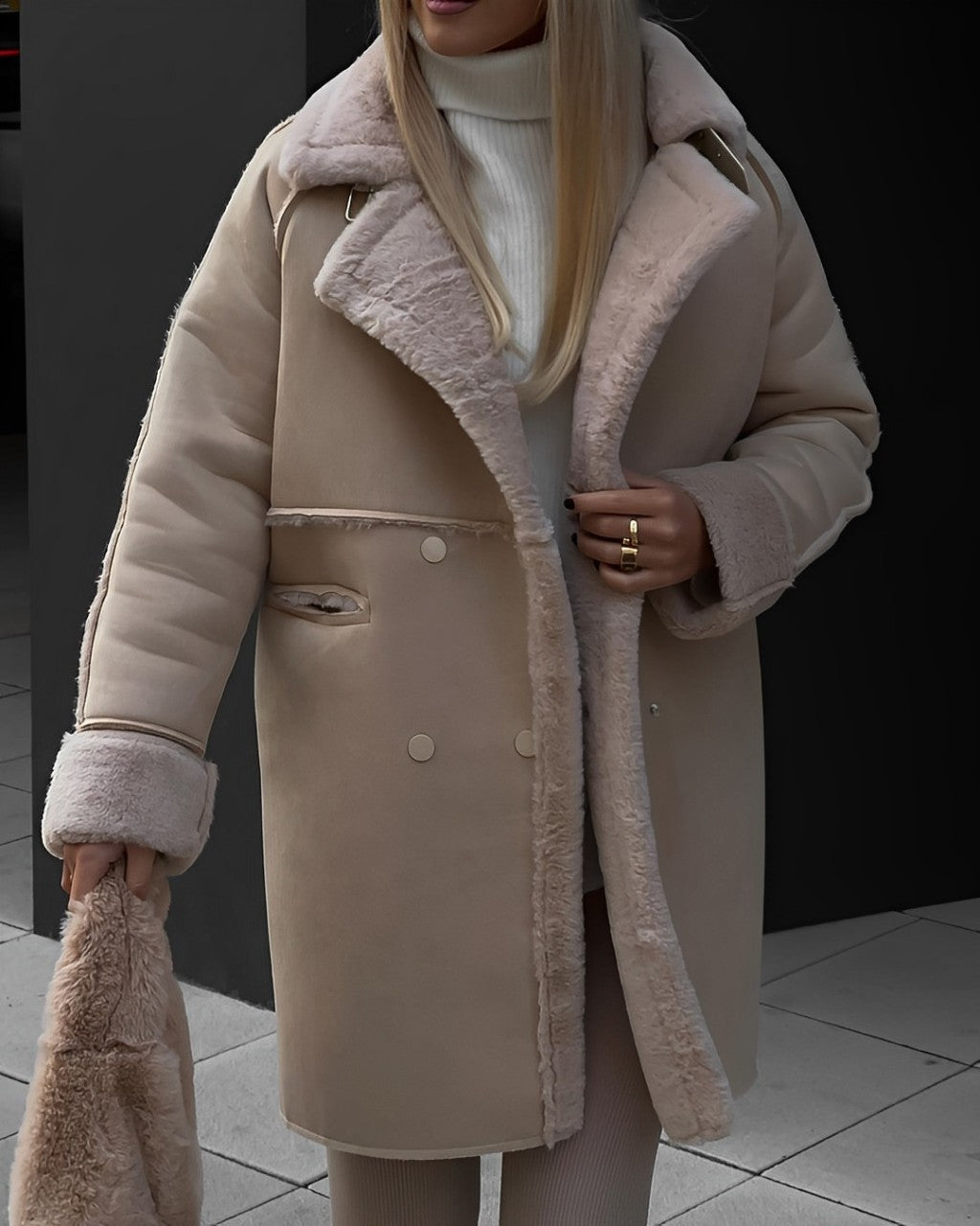 Long suede coat with fur trim