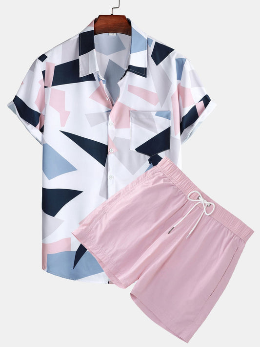 Geometric Print Button Up Shirt With Pocket & Short Length Swim Shorts