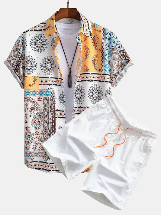 Scarf Print Button Up Shirt & Swim Shorts