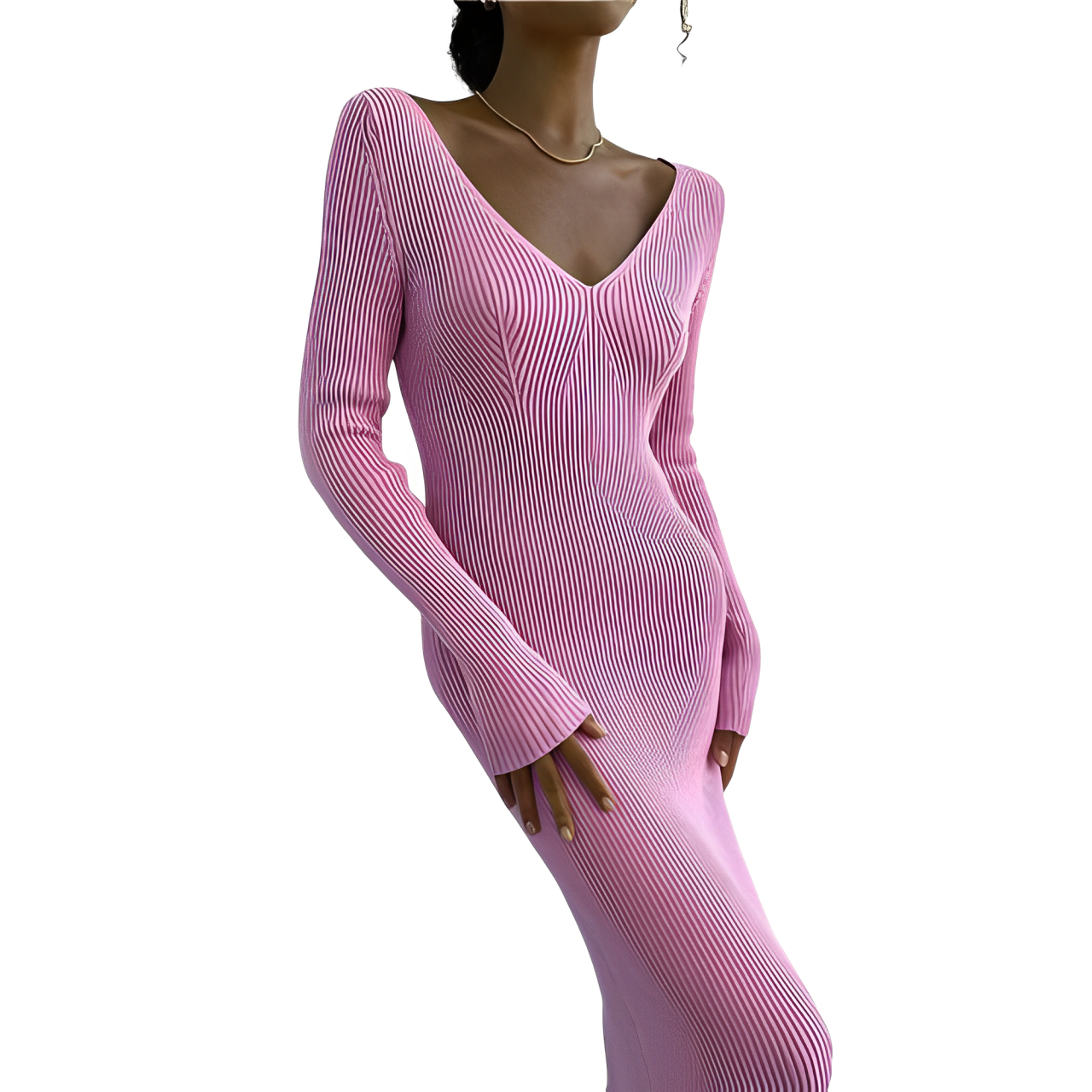 Knitted dress with V-neck and ribbed structure