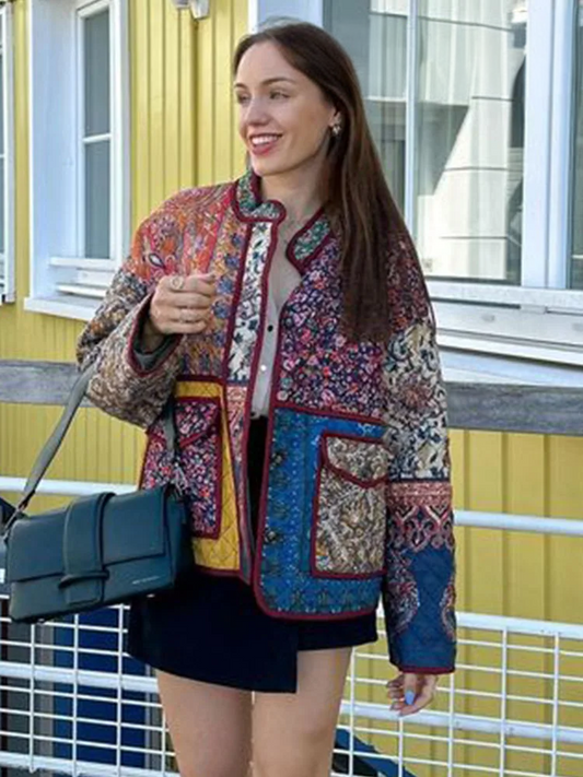 Coat with floral print and patchwork pockets