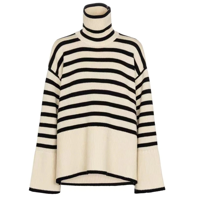 Women - Striped Turtleneck Jumper - Cozy Knit Fabric - Stylish Layering Essential