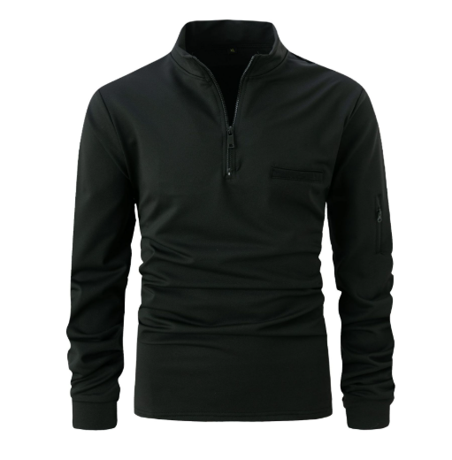 Long-sleeved sports polo shirt with stand-up collar and zip, single-coloured