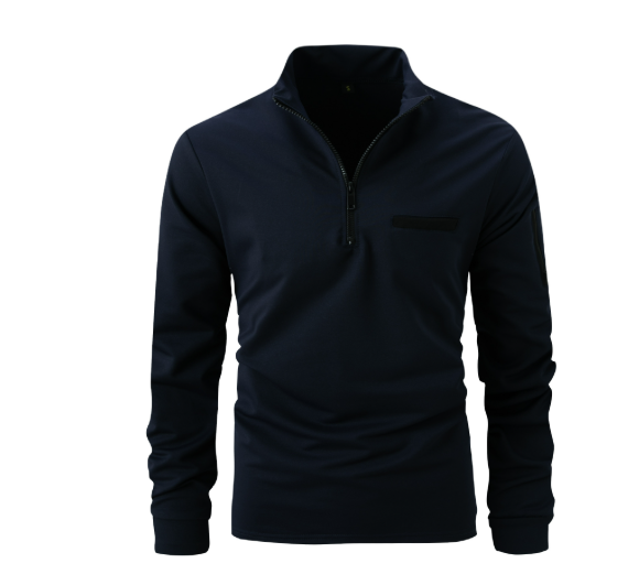 Long-sleeved sports polo shirt with stand-up collar and zip, single-coloured