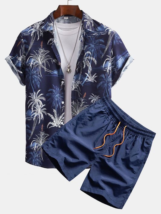 Palm Tree Print Button Up Shirt & Swim Shorts