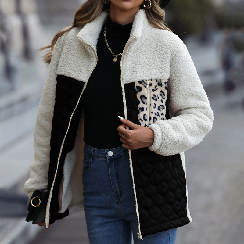 Plush coat with leopard print