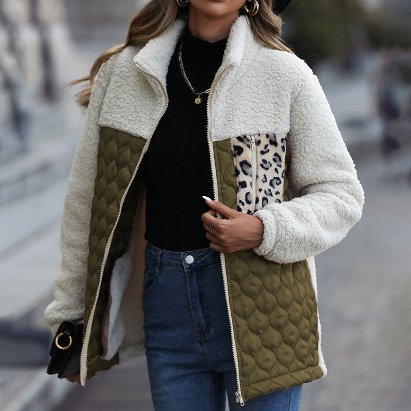 Plush coat with leopard print