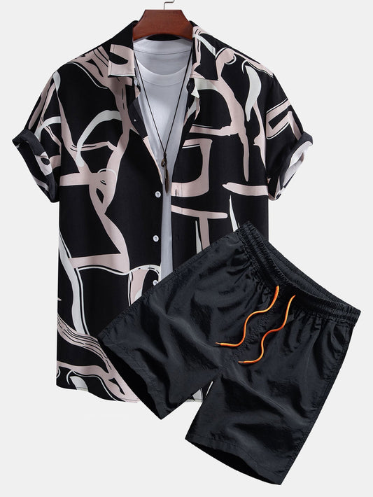 Abstract Print Button Up Shirt & Swim Shorts