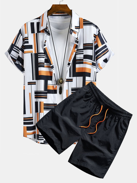 Geometry Print Button Up Shirt & Swim Shorts