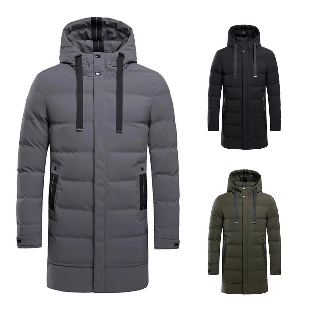 Men's puffer jacket with hood and zip front