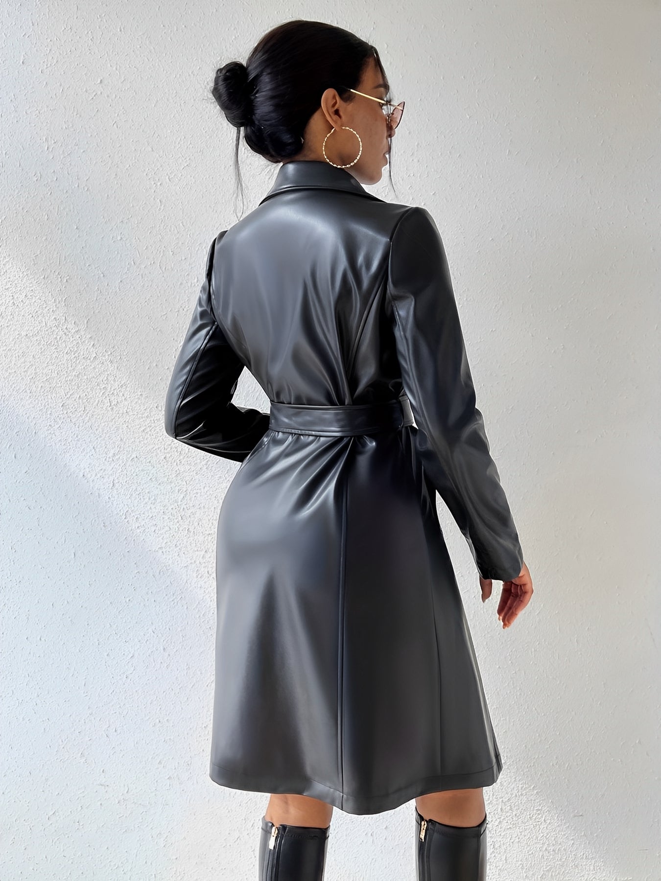 Women's Long Slim Fit Trench Coat - Elegant Leather Material - Stylish Outerwear for Every Occasion