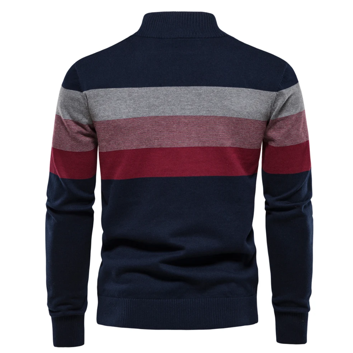 Striped knitted pullover with zip and stand-up collar