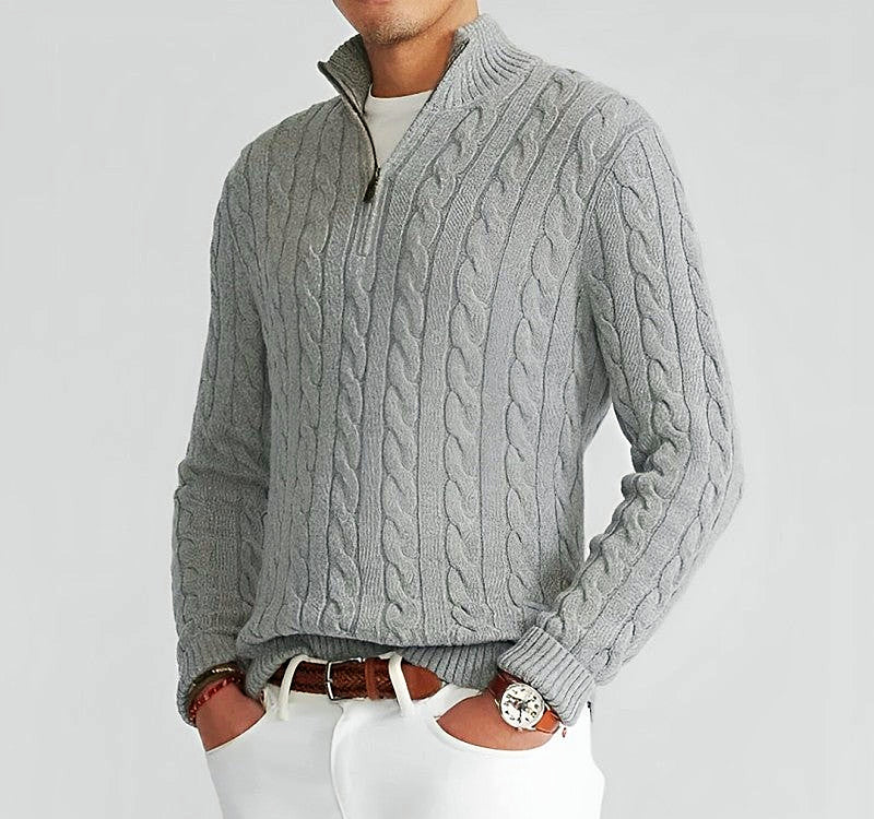 Men - Pullover - Zip Plait Pattern - V-Neck Knitwear - Stylish and Comfortable Fashion Essential