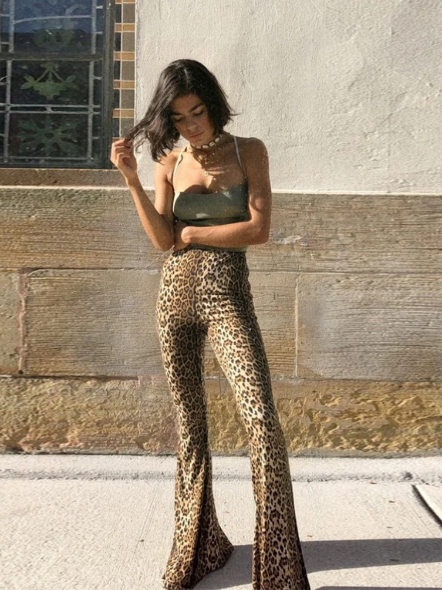 Women's leopard print flared trousers with high waist