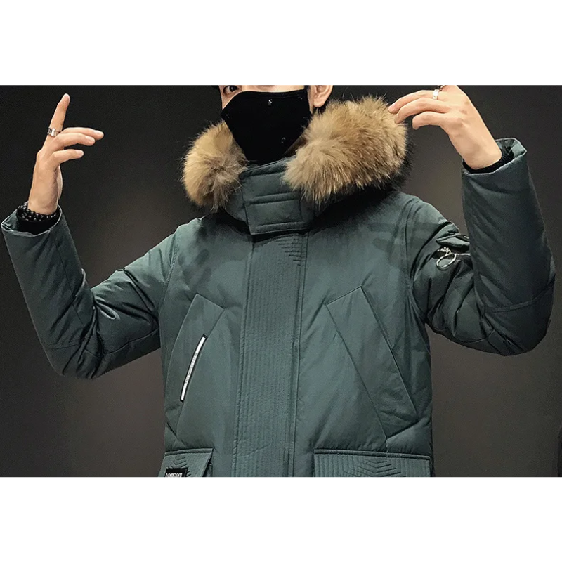 Men's parka winter jacket with fur hood and long sleeves