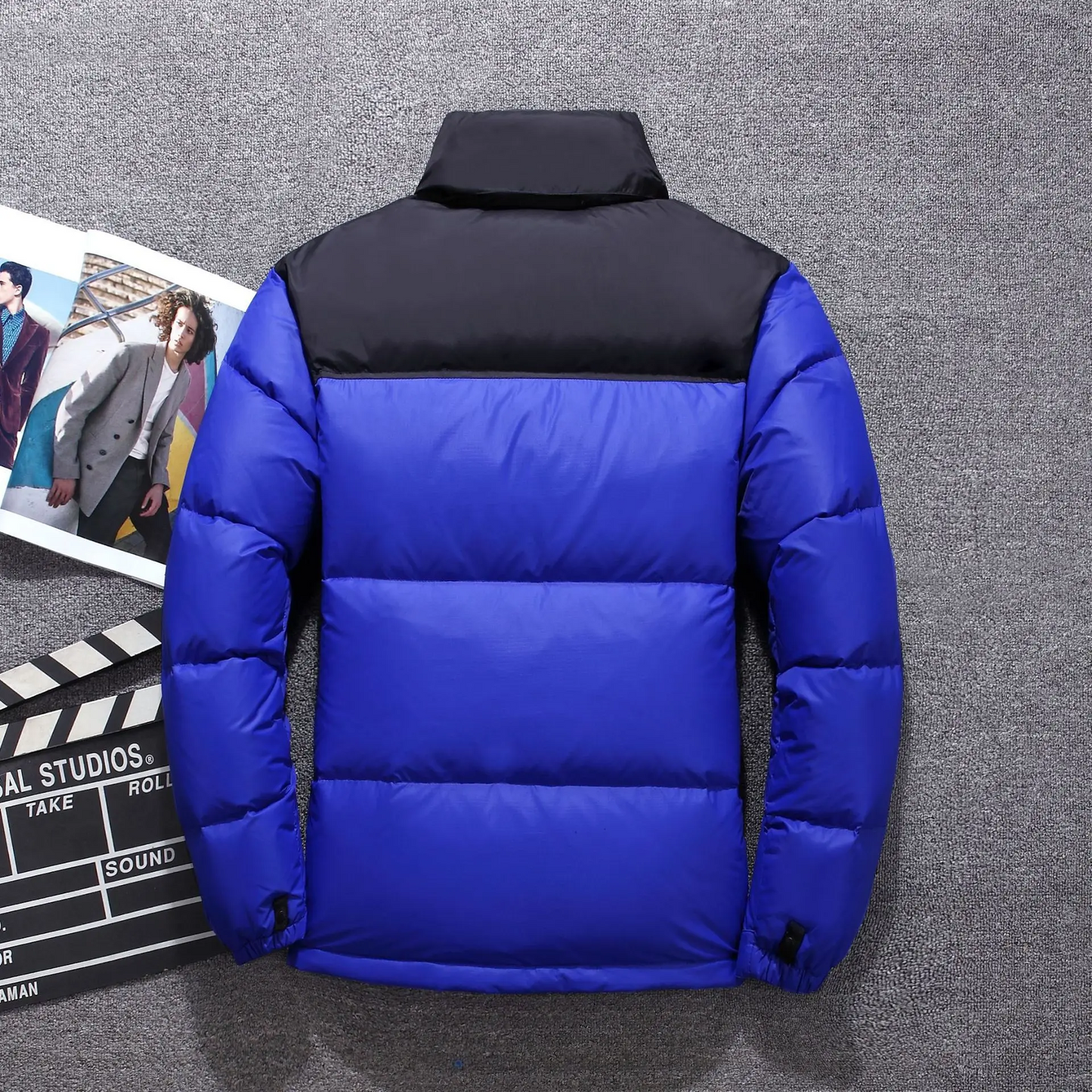 Men's puffer jacket with high collar and full-length zip