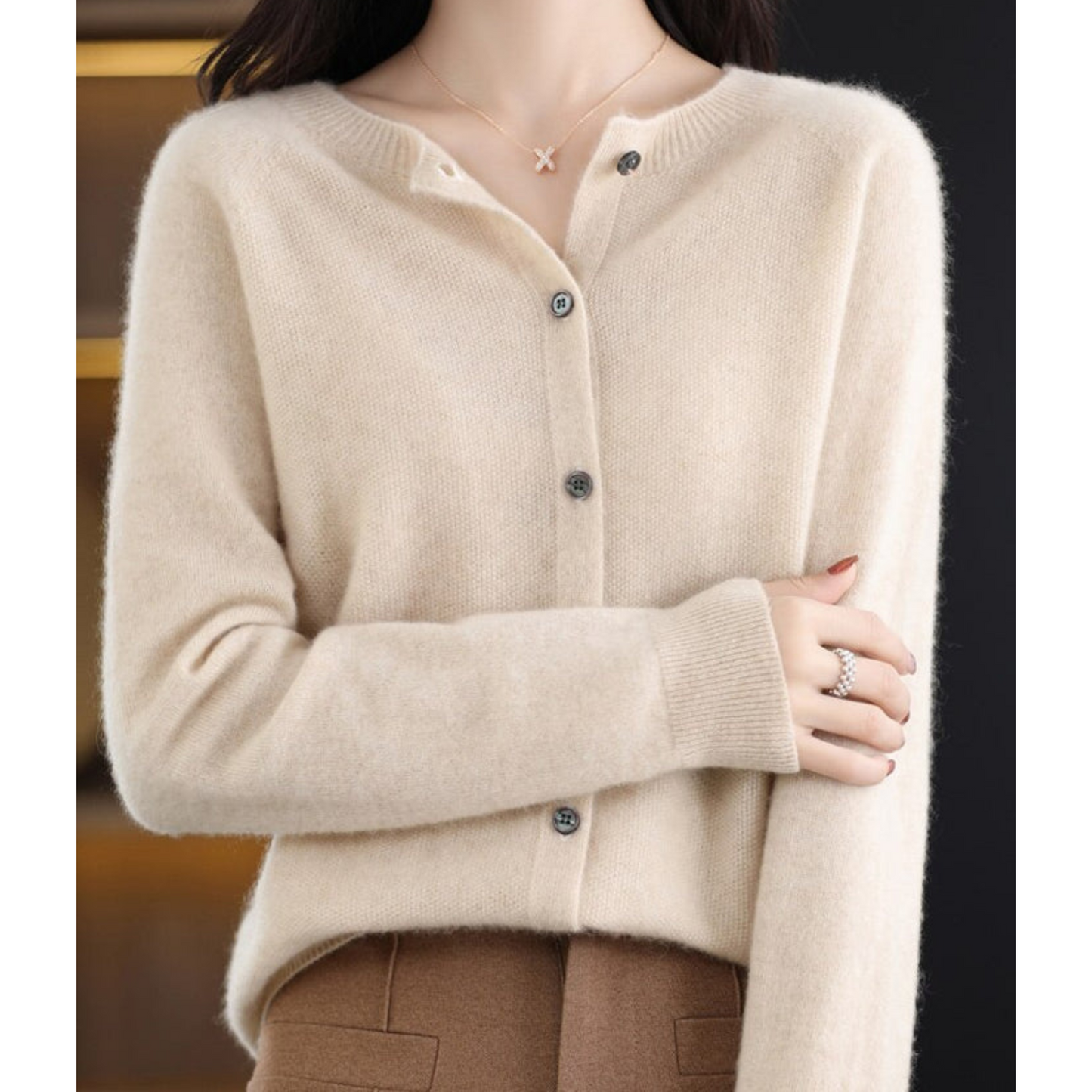 Pure Merino Wool Ladies O-neck Cardigan Cashmere Sweater