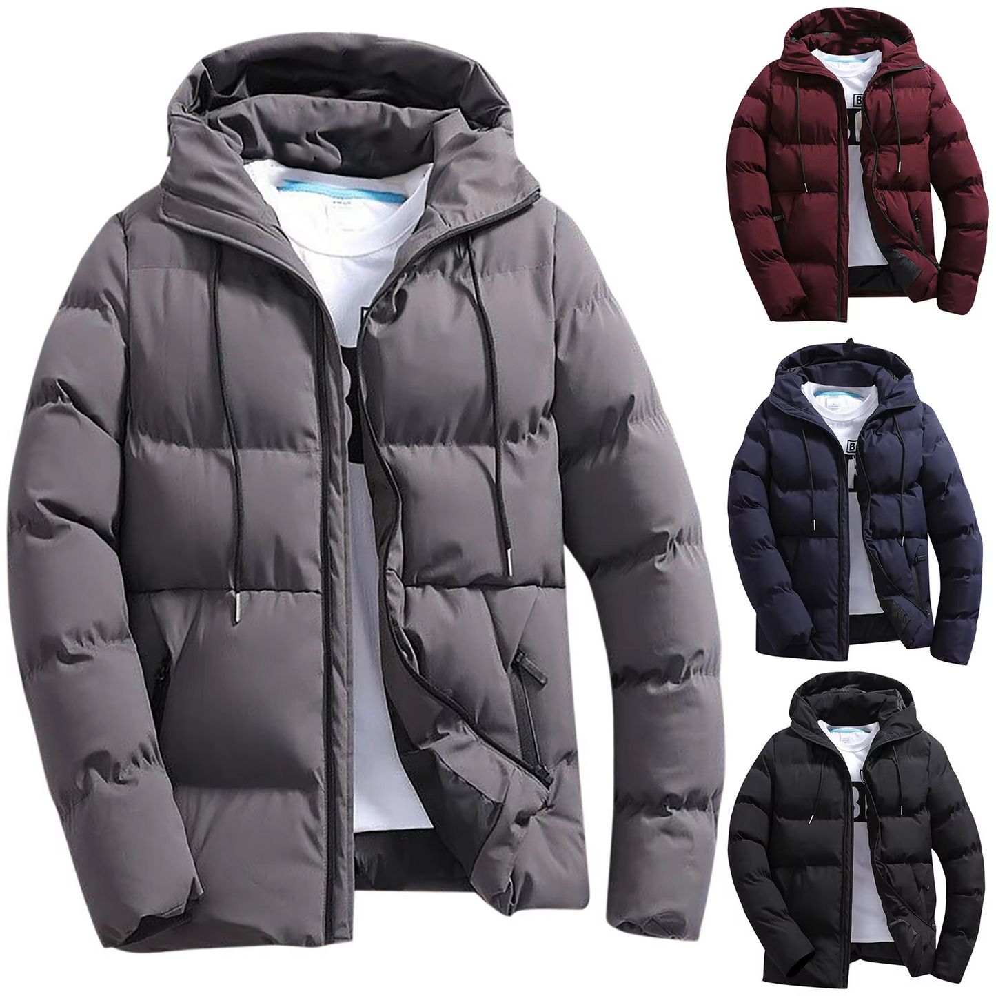 Puffer jacket with hood and zip front