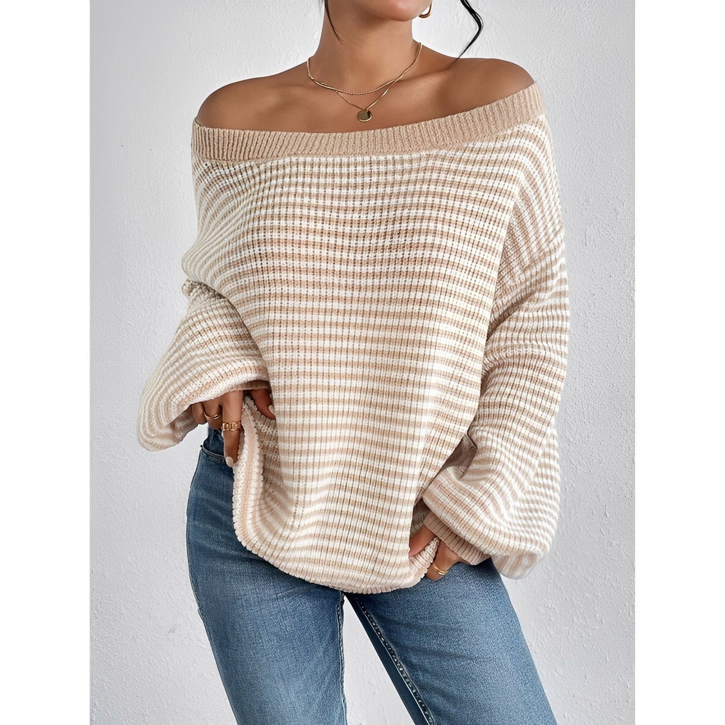 Women's Off-Shoulder Jumper - Contrasting Colour - Stylish Knitwear for Trendy Outfits