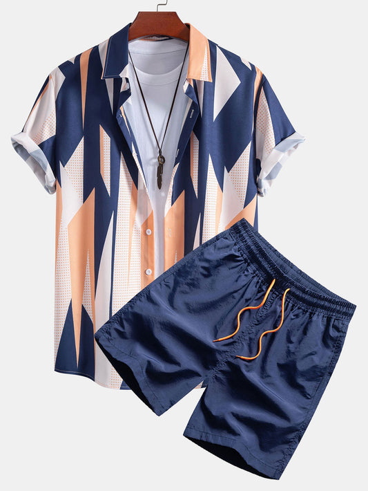 Geometry Print Button Up Shirt & Swim Shorts