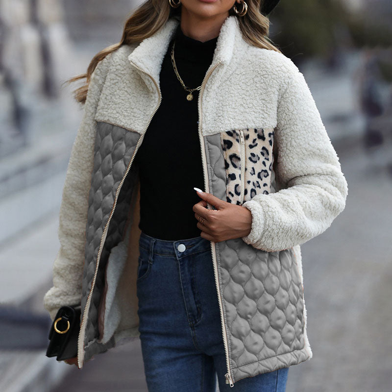 Plush coat with leopard print