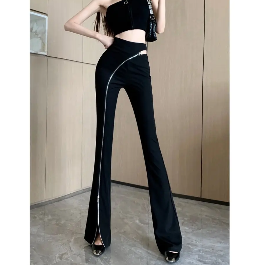 Women's Flared Trousers with Asymmetric Zip and High Waist