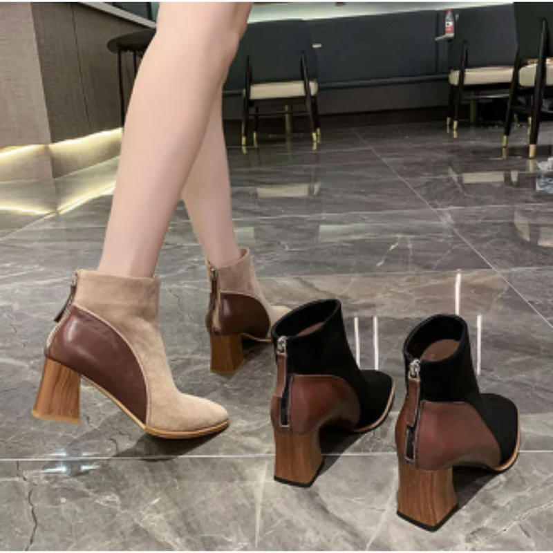 Women's Ankle Boots with Block Heels and Zipper at Side - Women's Ankle Boots