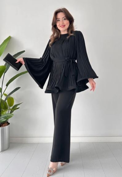 Pleated flared top and trousers set