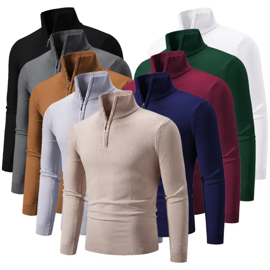 Comfortable knitted pullover with high collar and zip fastening