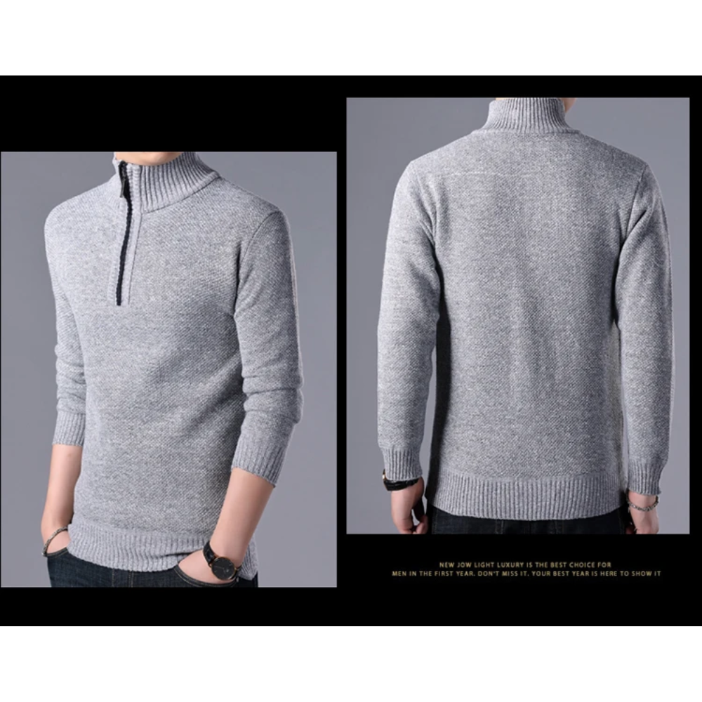 Stylish knitted pullover with zip and stand-up collar