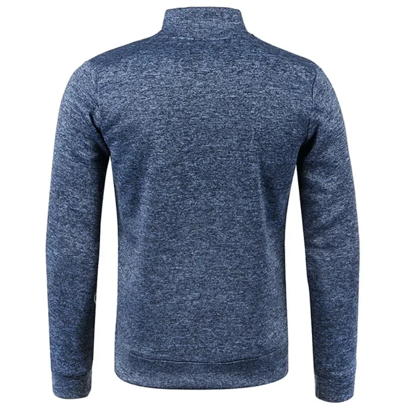 Modern knitted pullover with zip and stand-up collar