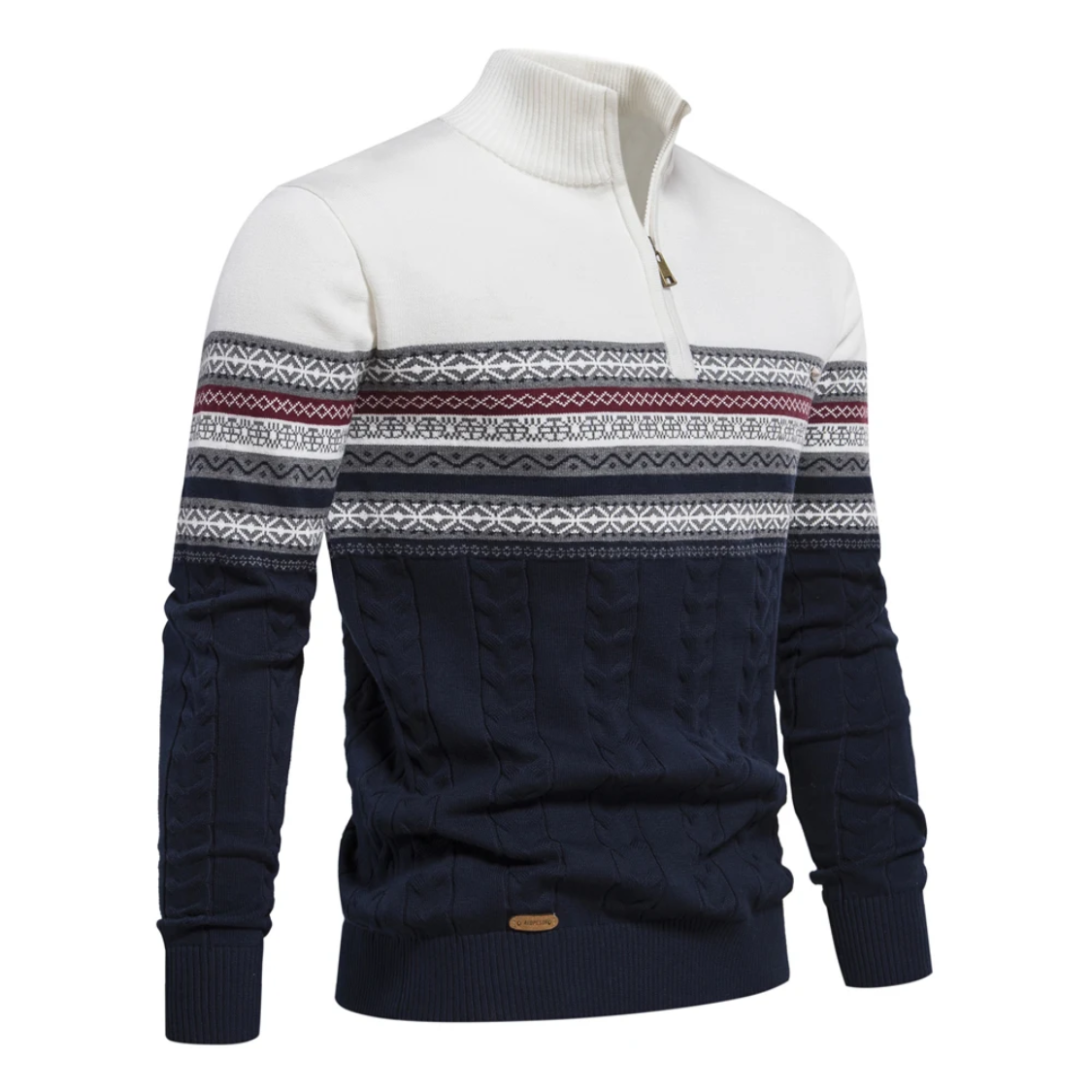 Norwegian knitted pullover with zip and cable pattern