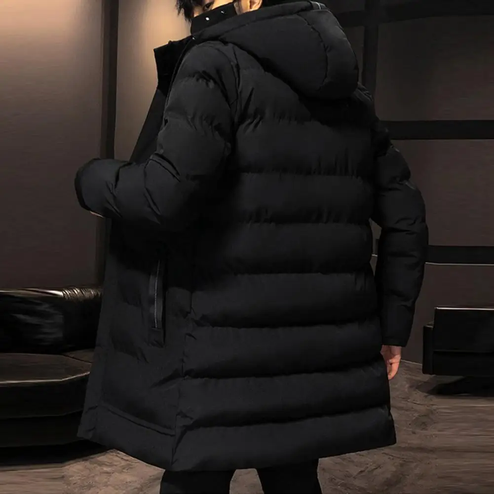 Men's long puffer jacket with large hood and zip pockets