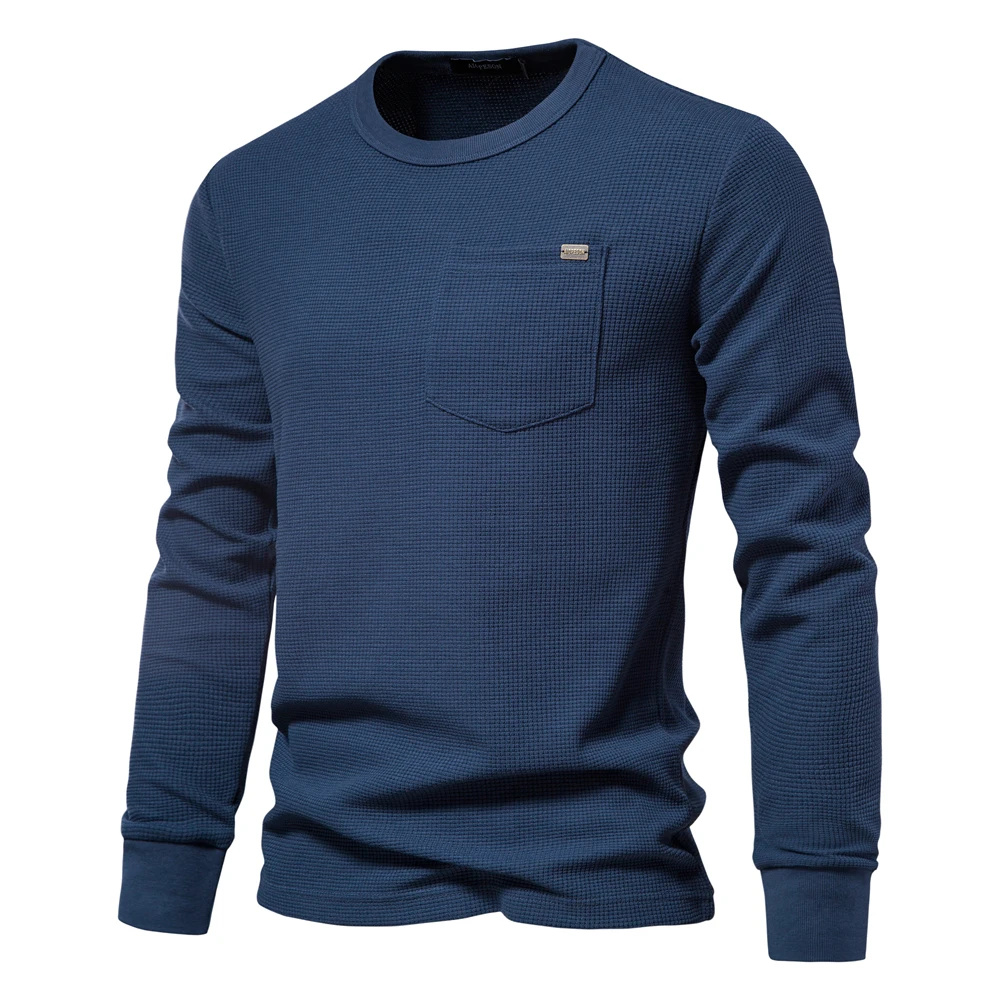 Men's jumper in waffle knit, long sleeve round neck with breast pocket