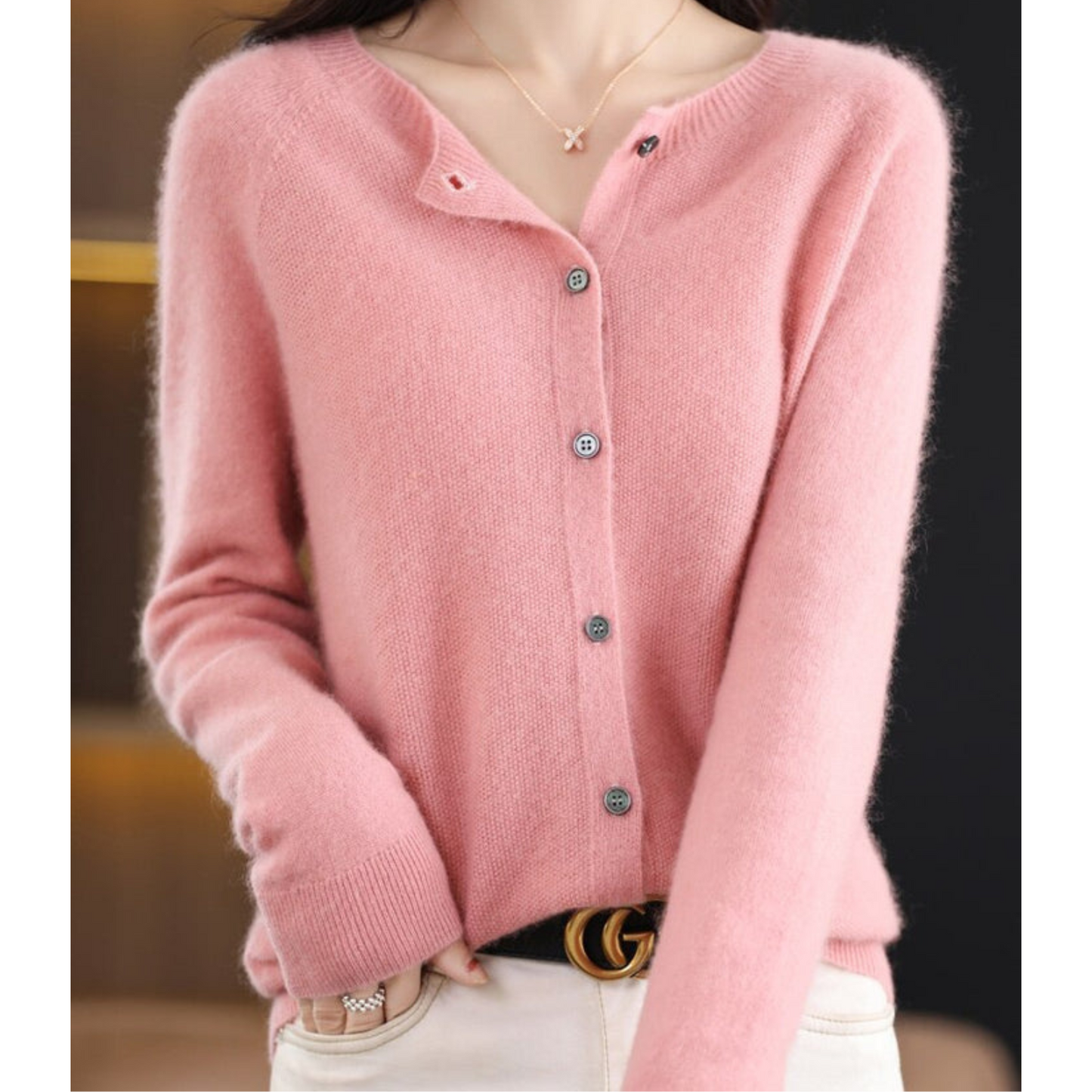 Wool Ladies O-neck Cardigan Cashmere Sweater