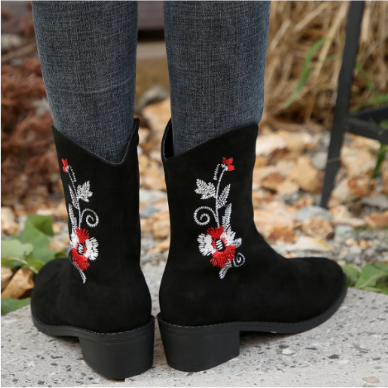 Women's Ankle Boots with Floral Embroidery and Zipper - Women's Ankle Boots