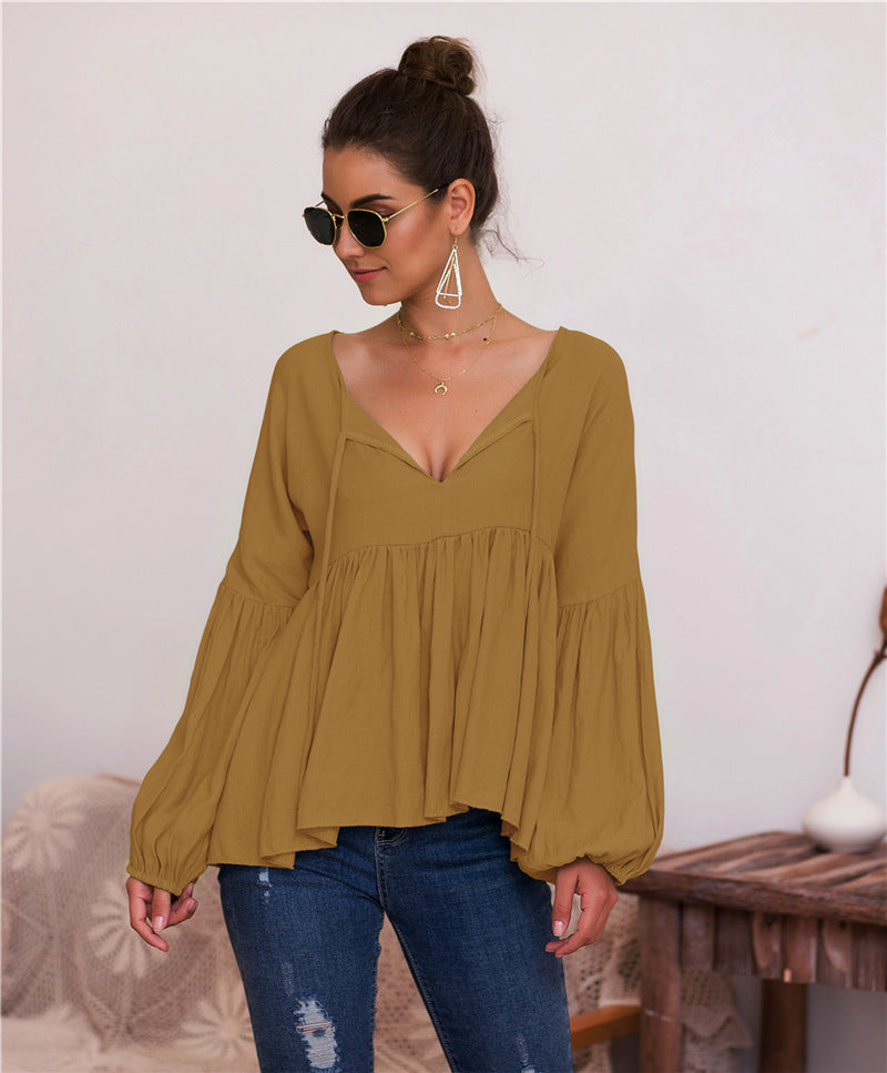 Puff sleeves single-coloured V-neck blouse T-shirt