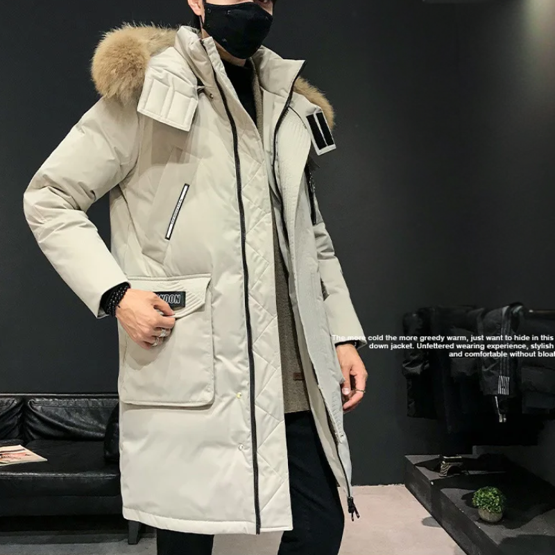 Men's parka winter jacket with fur hood and long sleeves