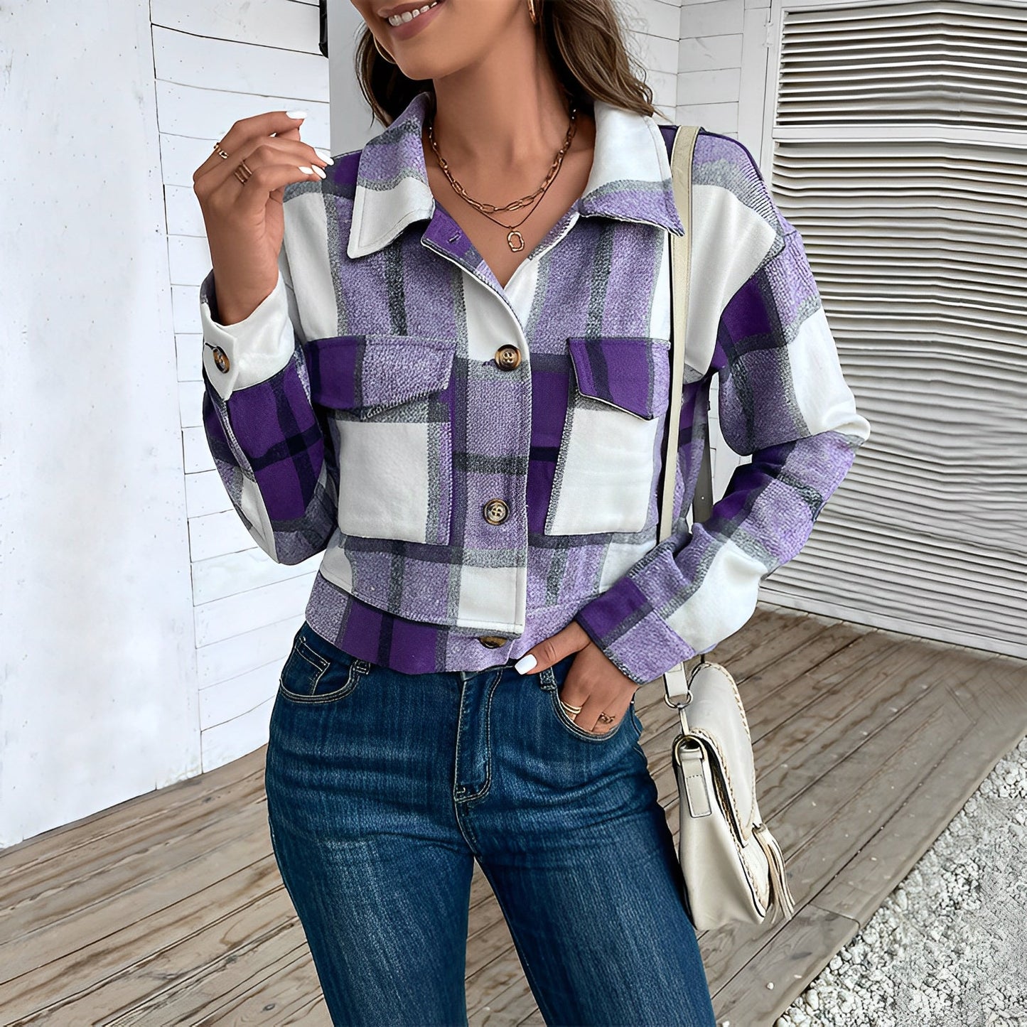 Women - Jacket - Stylish Checked Design - Trendy Lapel Outerwear for Every Occasion