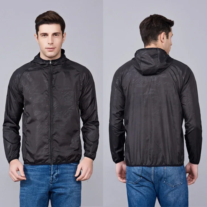 Men's waterproof mackintosh with hood for outdoor activities