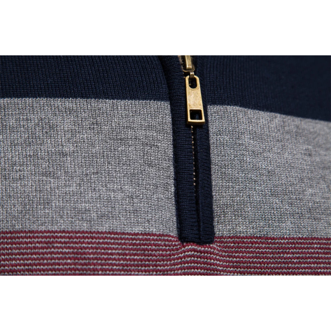 Striped knitted pullover with zip and stand-up collar