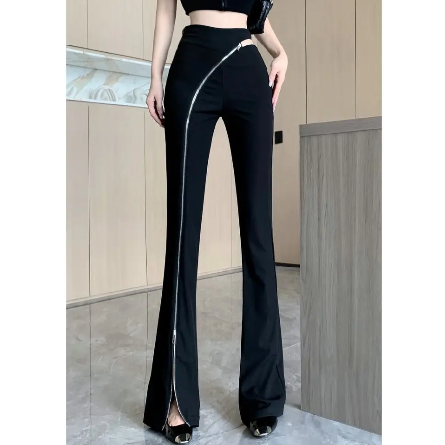 Women's Flared Trousers with Asymmetric Zip and High Waist