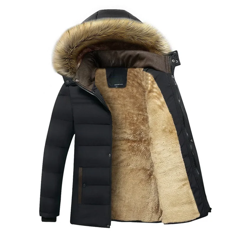 Men's lined parka jacket with detachable faux fur collar